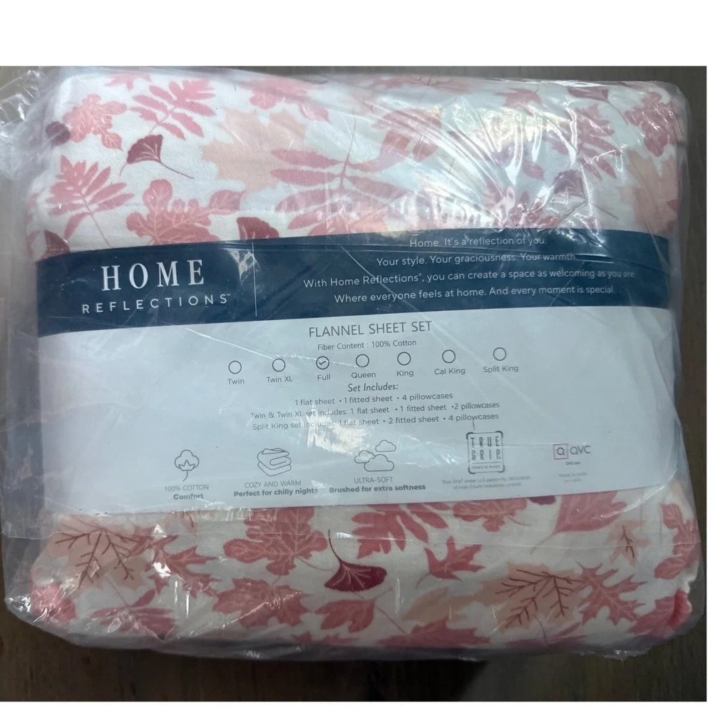 Home Reflections Pink Leaves Full Flannel Sheet Set 100% Cotton H473897848401